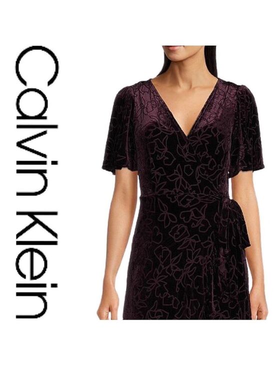 Calvin Klein Dresses & Skirts - 🎩🗝️ NWT $159 Calvin Klein Purple Short V-Neck Ruffled Hem Faux Wrap Velvet Dress